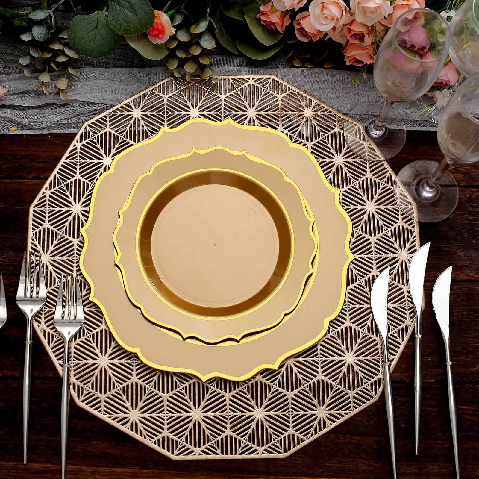 10 - Pack Plastic 8" Round Dessert Plates in Gold with Gold Scalloped Rim - Disposable Appetizer/Salad Plates - Bell Racket Store