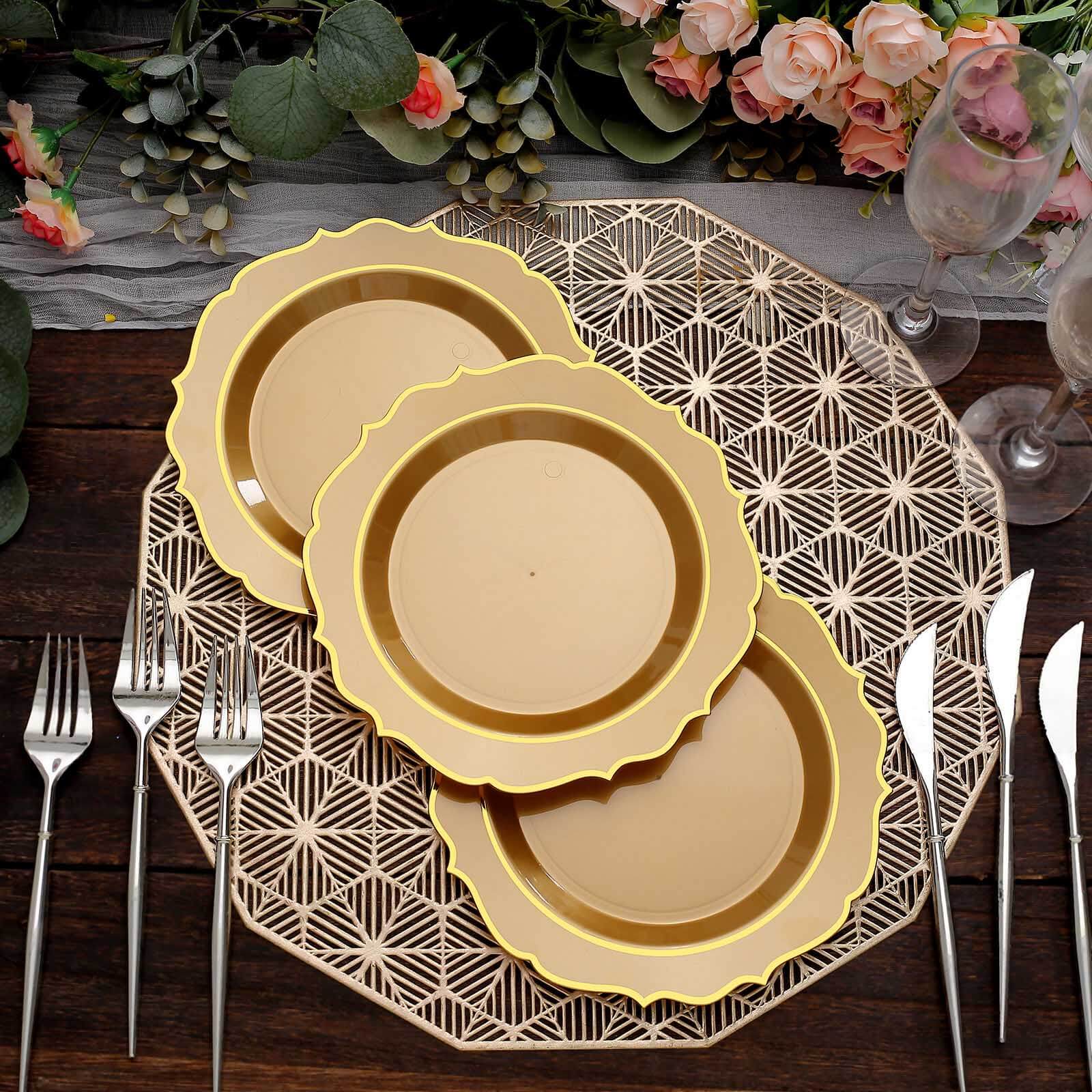 10 - Pack Plastic 8" Round Dessert Plates in Gold with Gold Scalloped Rim - Disposable Appetizer/Salad Plates - Bell Racket Store