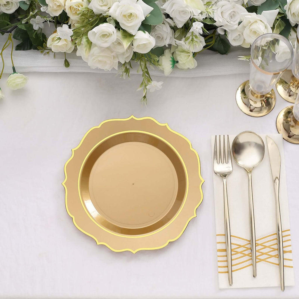 10 - Pack Plastic 8" Round Dessert Plates in Gold with Gold Scalloped Rim - Disposable Appetizer/Salad Plates - Bell Racket Store