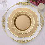 10 - Pack Plastic 8" Round Dessert Plates in Gold with Gold Scalloped Rim - Disposable Appetizer/Salad Plates - Bell Racket Store