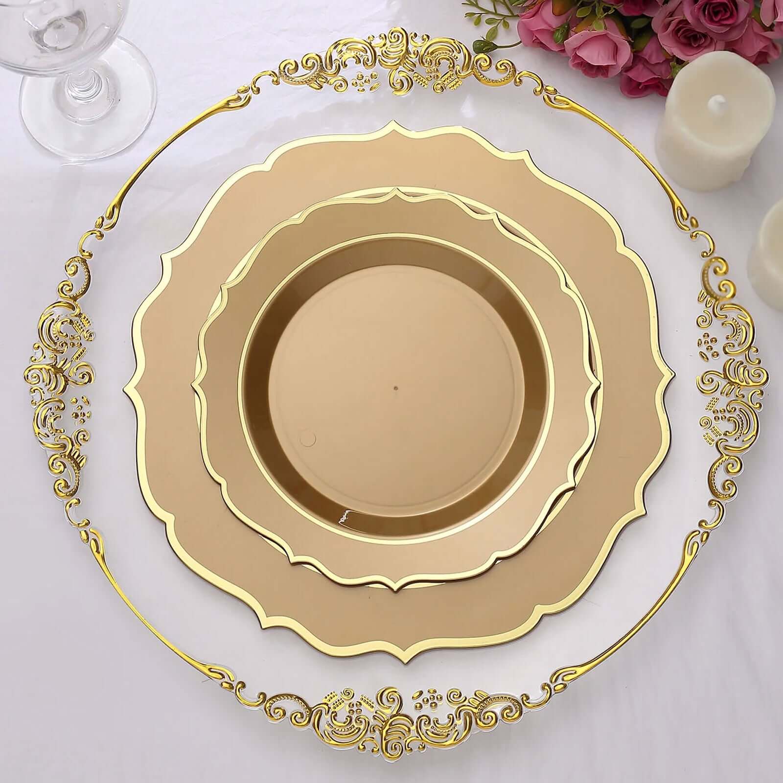 10 - Pack Plastic 8" Round Dessert Plates in Gold with Gold Scalloped Rim - Disposable Appetizer/Salad Plates - Bell Racket Store