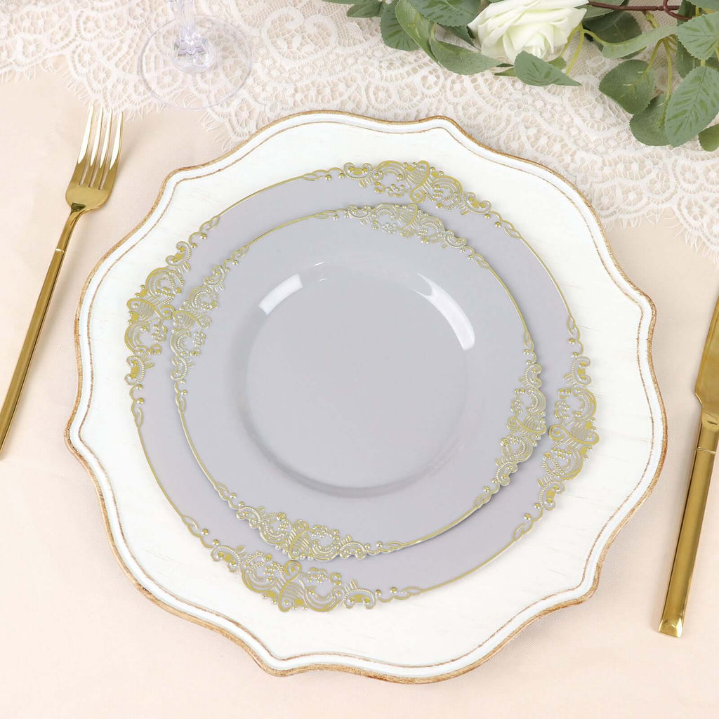 10 - Pack Plastic 8" Round Dessert Plates in Gray with Gold Leaf Embossed Rim - Disposable Vintage Baroque Style Salad Plates - Bell Racket Store