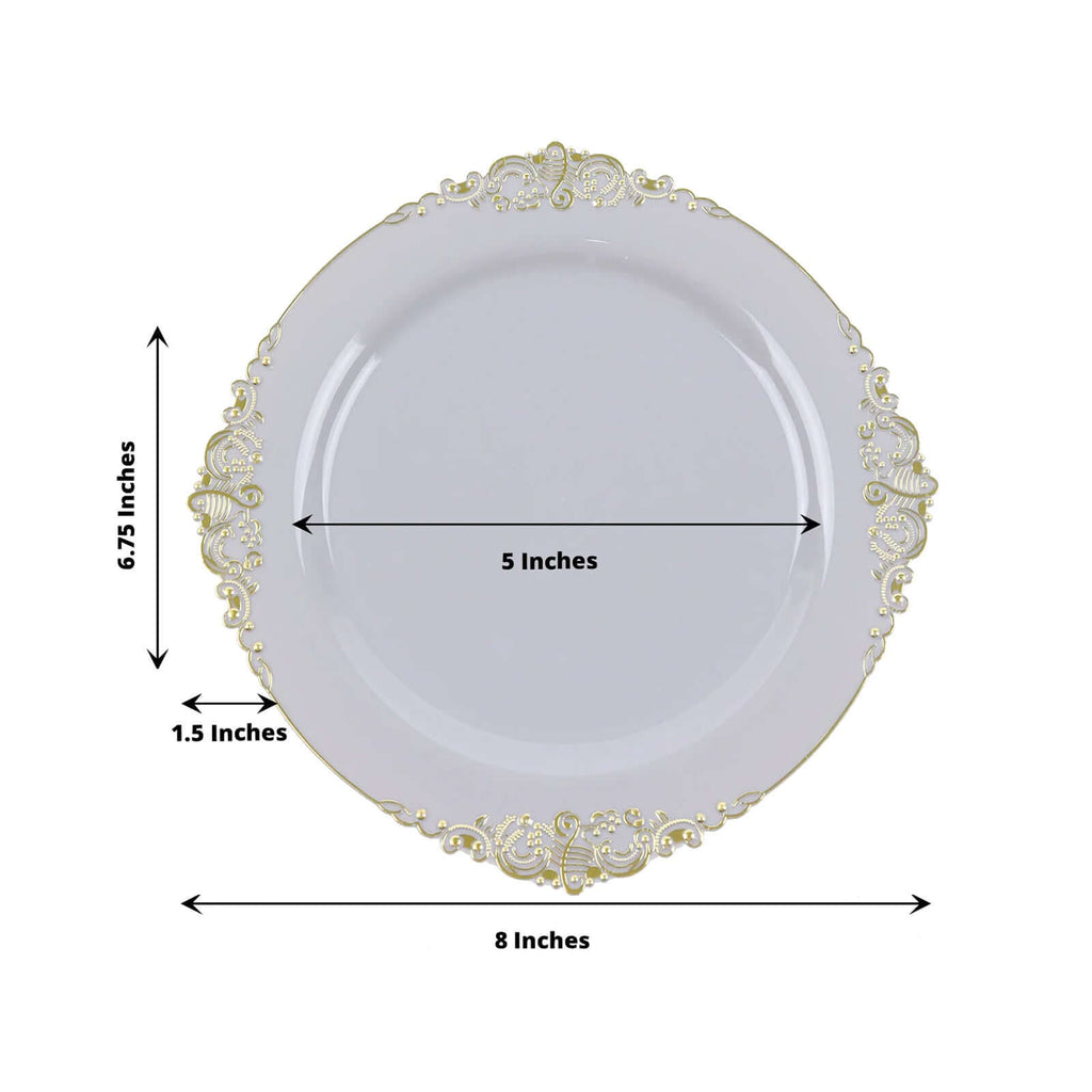 10 - Pack Plastic 8" Round Dessert Plates in Gray with Gold Leaf Embossed Rim - Disposable Vintage Baroque Style Salad Plates - Bell Racket Store