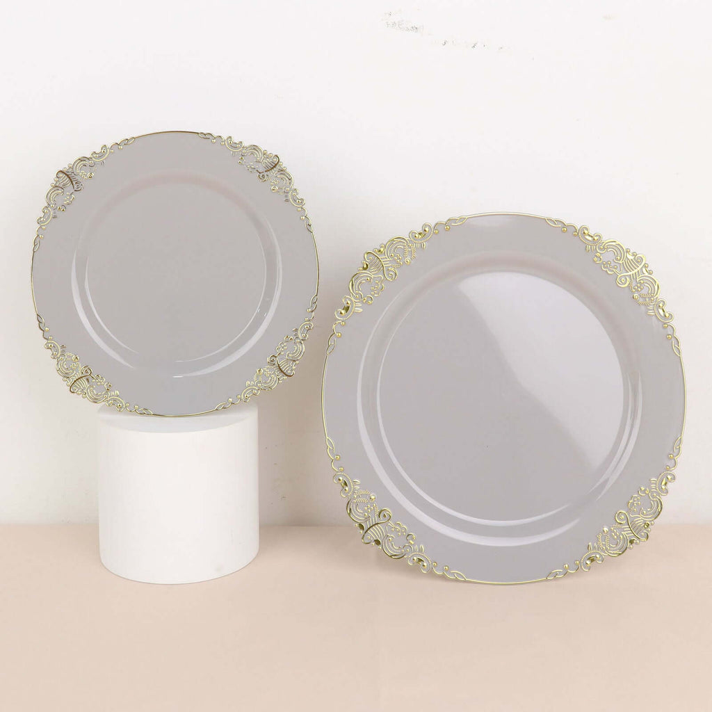 10 - Pack Plastic 8" Round Dessert Plates in Gray with Gold Leaf Embossed Rim - Disposable Vintage Baroque Style Salad Plates - Bell Racket Store