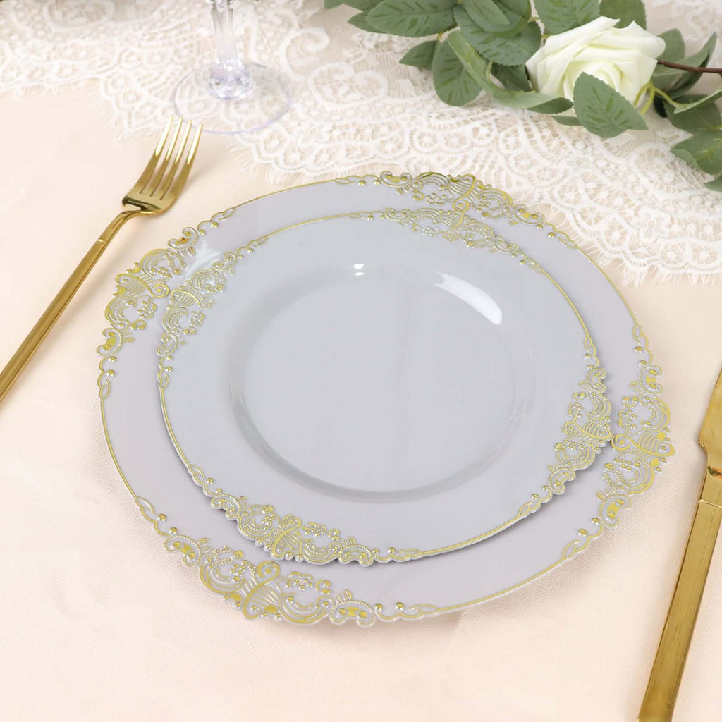 10 - Pack Plastic 8" Round Dessert Plates in Gray with Gold Leaf Embossed Rim - Disposable Vintage Baroque Style Salad Plates - Bell Racket Store