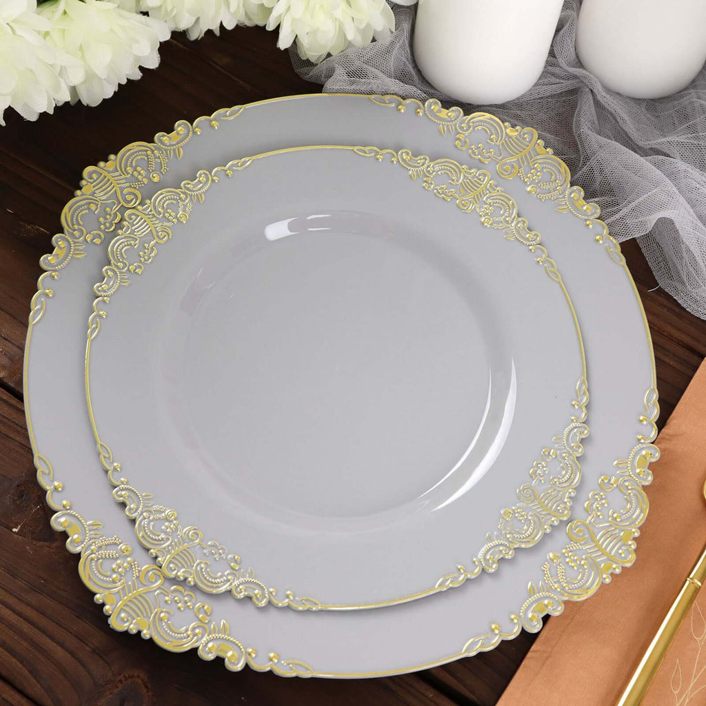 10 - Pack Plastic 8" Round Dessert Plates in Gray with Gold Leaf Embossed Rim - Disposable Vintage Baroque Style Salad Plates - Bell Racket Store