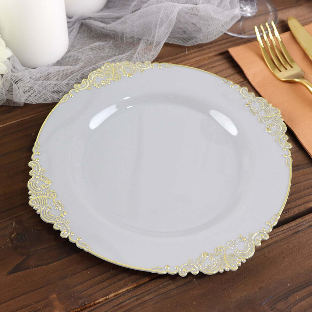 10 - Pack Plastic 8" Round Dessert Plates in Gray with Gold Leaf Embossed Rim - Disposable Vintage Baroque Style Salad Plates - Bell Racket Store