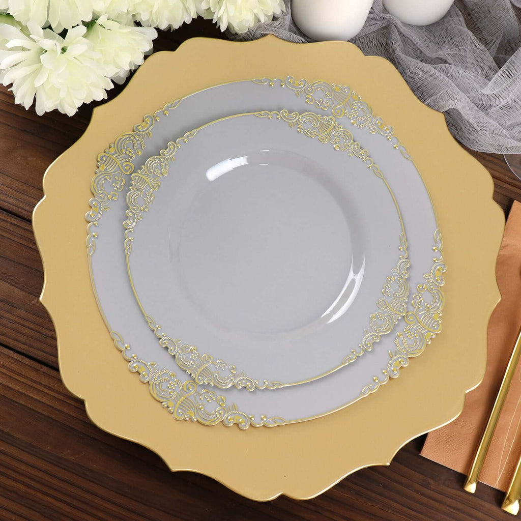 10 - Pack Plastic 8" Round Dessert Plates in Gray with Gold Leaf Embossed Rim - Disposable Vintage Baroque Style Salad Plates - Bell Racket Store