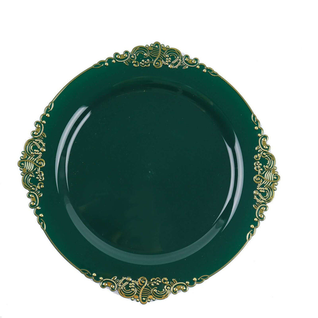 10 - Pack Plastic 8" Round Dessert Plates in Hunter Emerald Green with Gold Leaf Embossed Rim - Disposable Vintage Baroque Style Salad Plates - Bell Racket Store
