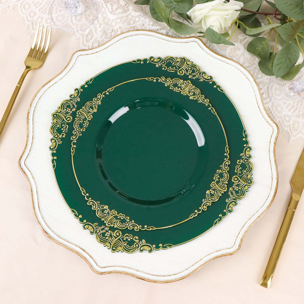 10 - Pack Plastic 8" Round Dessert Plates in Hunter Emerald Green with Gold Leaf Embossed Rim - Disposable Vintage Baroque Style Salad Plates - Bell Racket Store