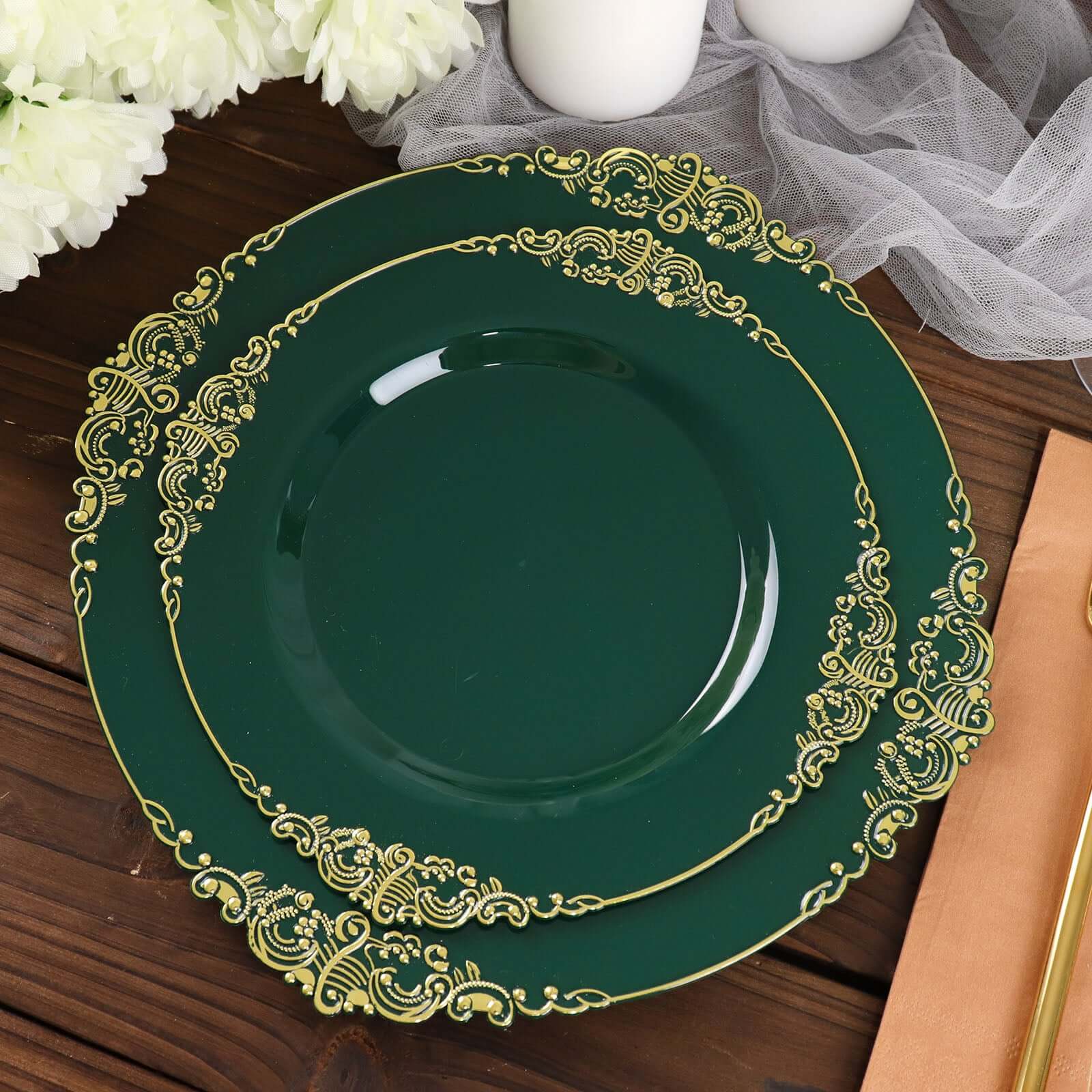 10 - Pack Plastic 8" Round Dessert Plates in Hunter Emerald Green with Gold Leaf Embossed Rim - Disposable Vintage Baroque Style Salad Plates - Bell Racket Store