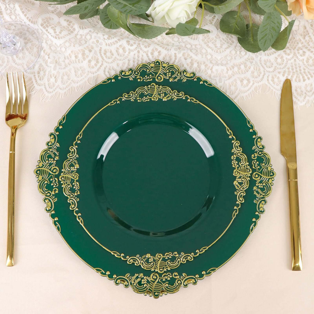 10 - Pack Plastic 8" Round Dessert Plates in Hunter Emerald Green with Gold Leaf Embossed Rim - Disposable Vintage Baroque Style Salad Plates - Bell Racket Store