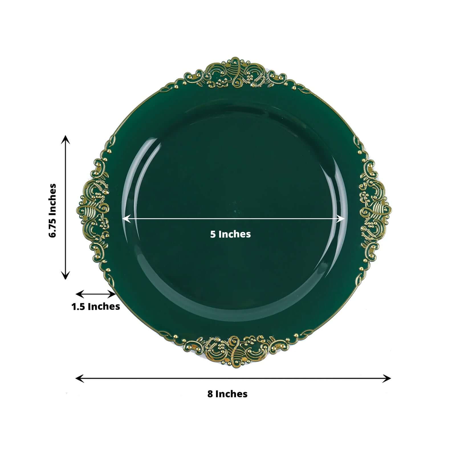 10 - Pack Plastic 8" Round Dessert Plates in Hunter Emerald Green with Gold Leaf Embossed Rim - Disposable Vintage Baroque Style Salad Plates - Bell Racket Store