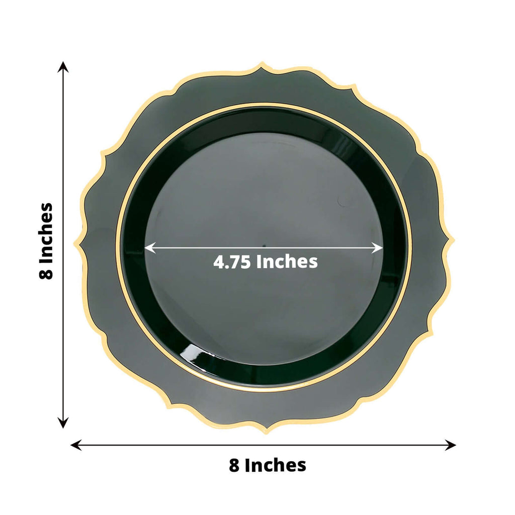 10 - Pack Plastic 8" Round Dessert Plates in Hunter Emerald Green with Gold Scalloped Rim - Disposable Appetizer/Salad Plates - Bell Racket Store