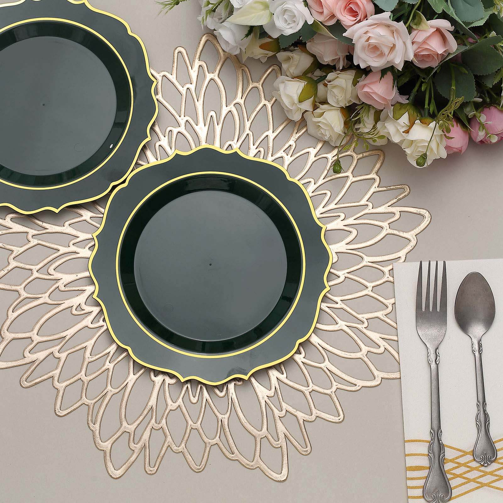10 - Pack Plastic 8" Round Dessert Plates in Hunter Emerald Green with Gold Scalloped Rim - Disposable Appetizer/Salad Plates - Bell Racket Store