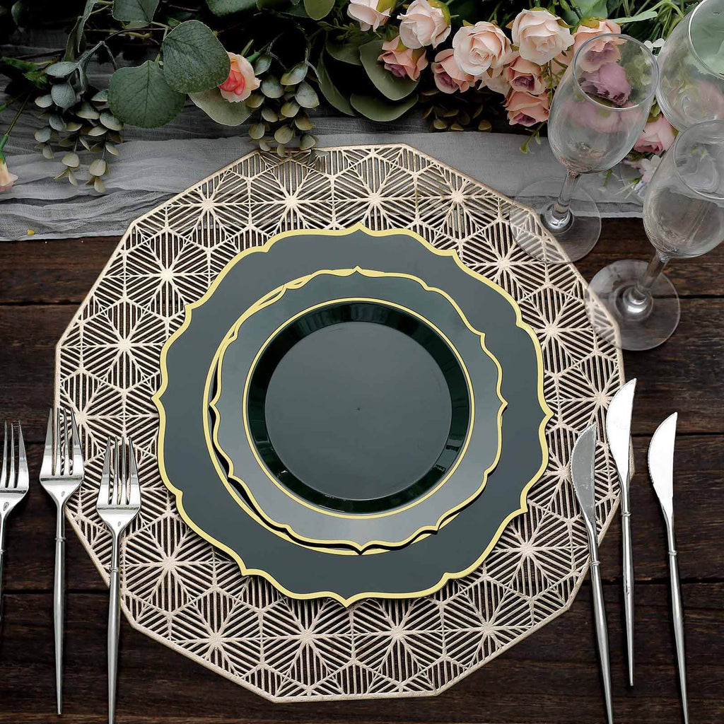 10 - Pack Plastic 8" Round Dessert Plates in Hunter Emerald Green with Gold Scalloped Rim - Disposable Appetizer/Salad Plates - Bell Racket Store
