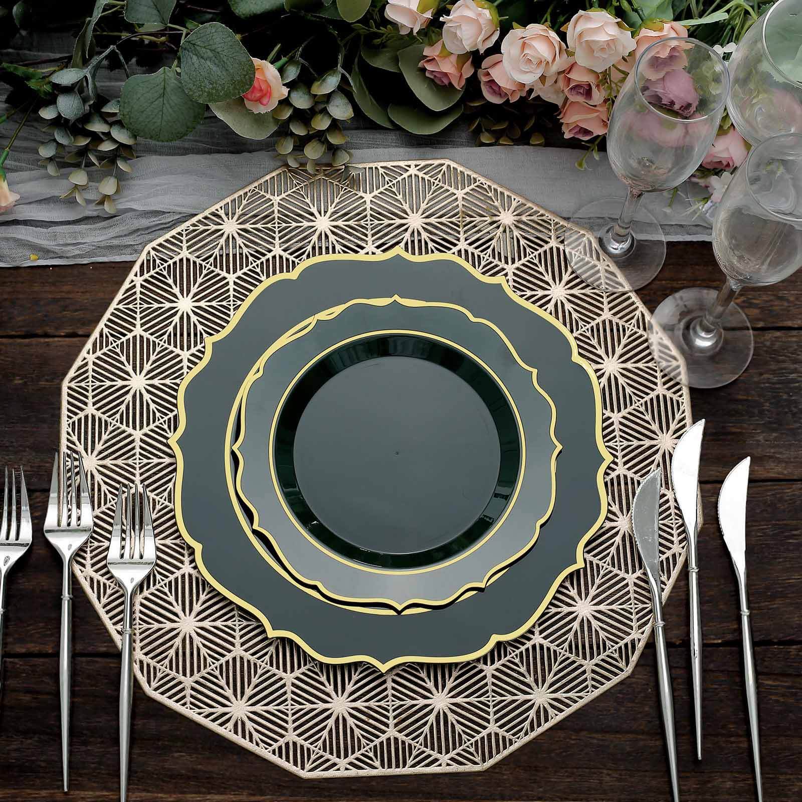10 - Pack Plastic 8" Round Dessert Plates in Hunter Emerald Green with Gold Scalloped Rim - Disposable Appetizer/Salad Plates - Bell Racket Store