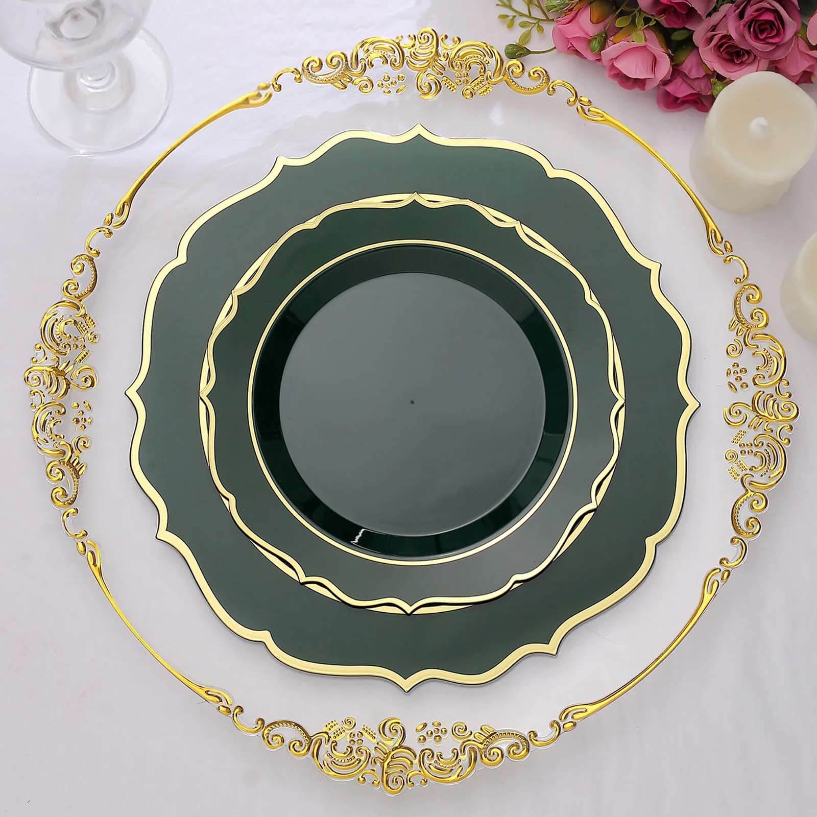 10 - Pack Plastic 8" Round Dessert Plates in Hunter Emerald Green with Gold Scalloped Rim - Disposable Appetizer/Salad Plates - Bell Racket Store