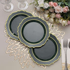 10 - Pack Plastic 8" Round Dessert Plates in Hunter Emerald Green with Gold Scalloped Rim - Disposable Appetizer/Salad Plates - Bell Racket Store