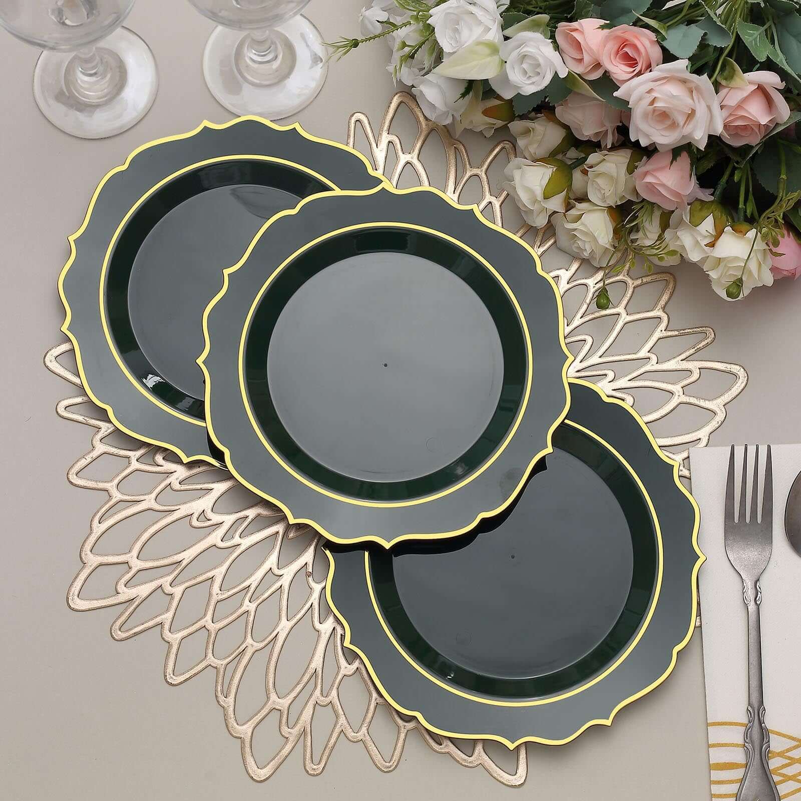 10 - Pack Plastic 8" Round Dessert Plates in Hunter Emerald Green with Gold Scalloped Rim - Disposable Appetizer/Salad Plates - Bell Racket Store