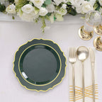 10 - Pack Plastic 8" Round Dessert Plates in Hunter Emerald Green with Gold Scalloped Rim - Disposable Appetizer/Salad Plates - Bell Racket Store