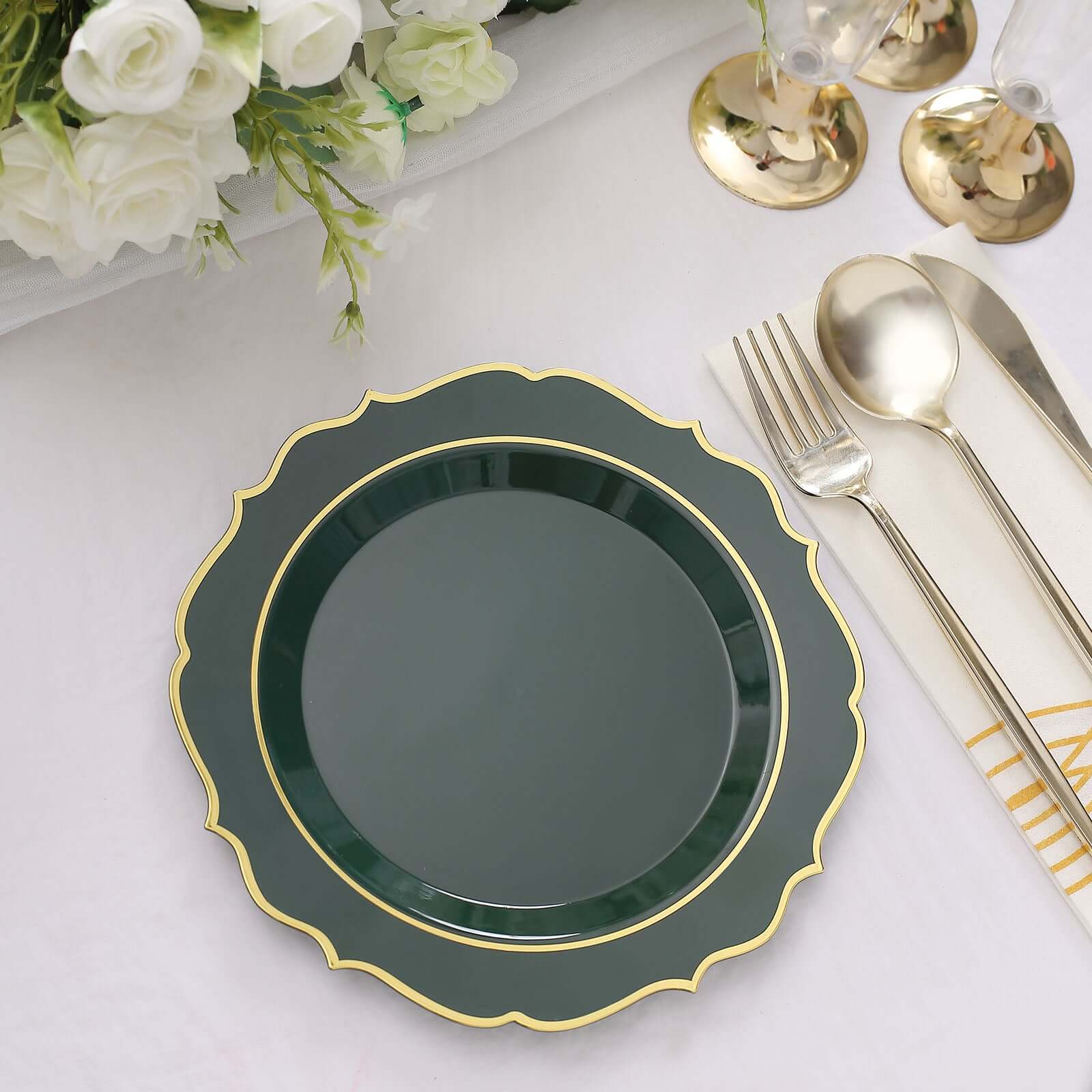 10 - Pack Plastic 8" Round Dessert Plates in Hunter Emerald Green with Gold Scalloped Rim - Disposable Appetizer/Salad Plates - Bell Racket Store