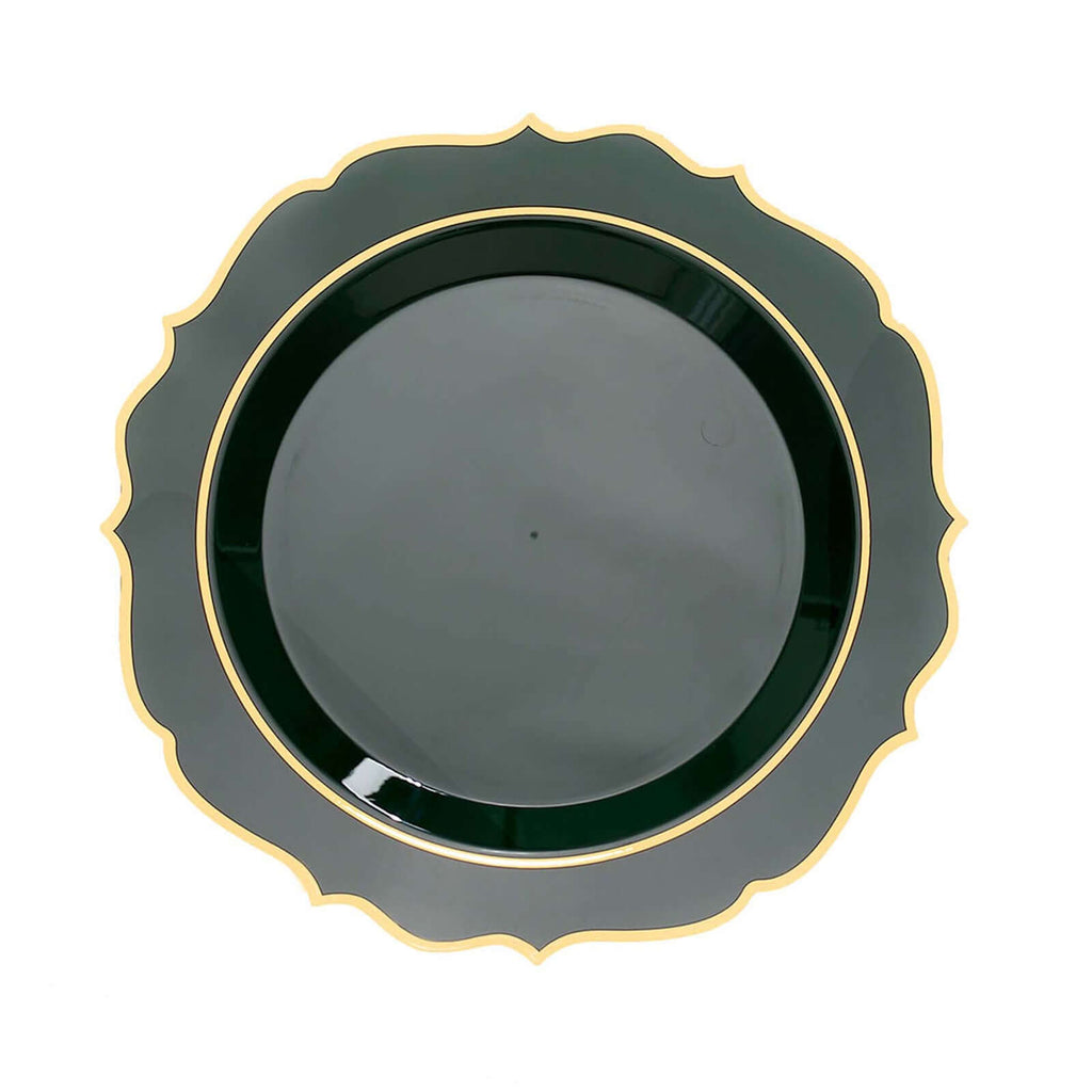 10 - Pack Plastic 8" Round Dessert Plates in Hunter Emerald Green with Gold Scalloped Rim - Disposable Appetizer/Salad Plates - Bell Racket Store