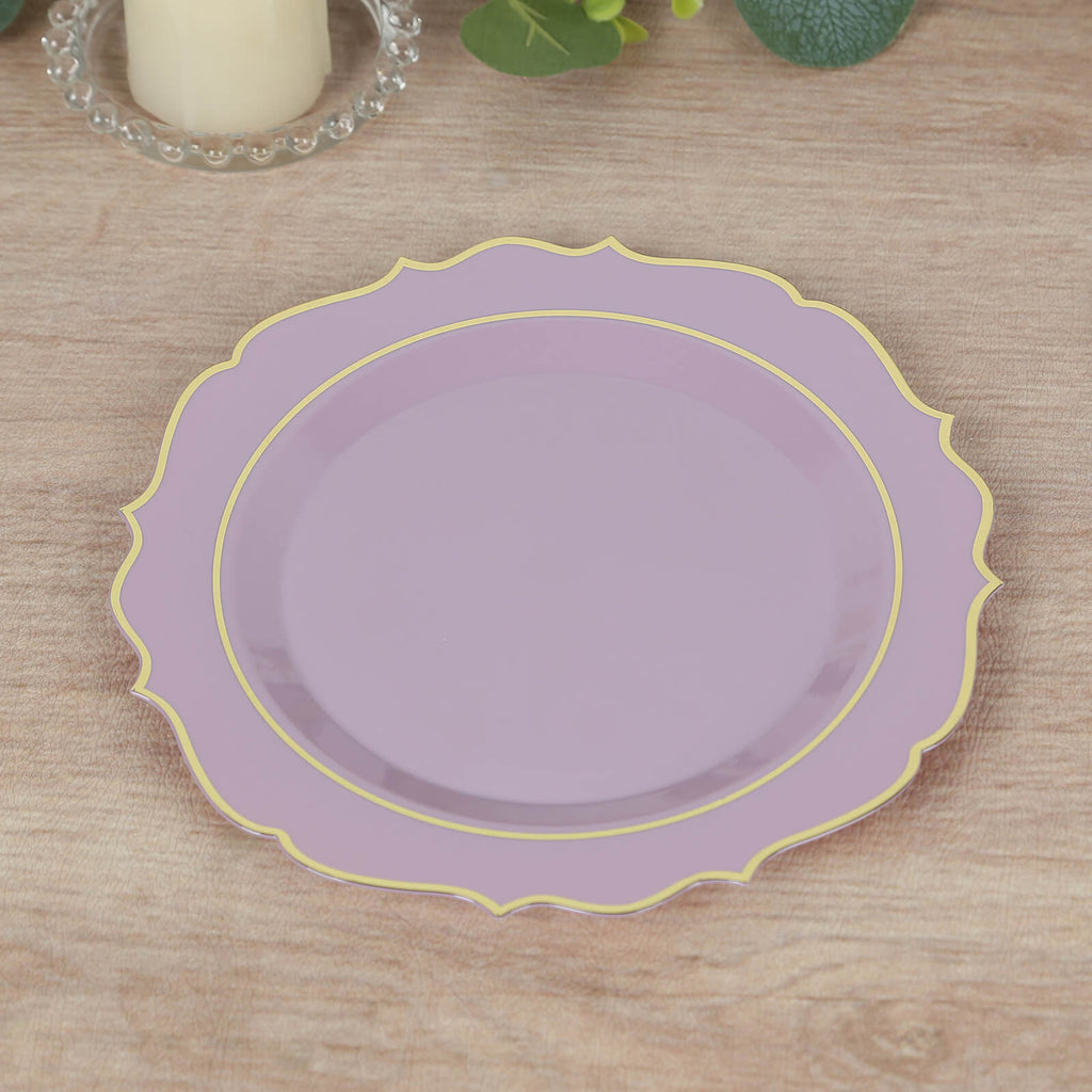 10 - Pack Plastic 8" Round Dessert Plates in Lavender Lilac with Gold Scalloped Rim - Disposable Appetizer/Salad Plates - Bell Racket Store