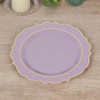 10 - Pack Plastic 8" Round Dessert Plates in Lavender Lilac with Gold Scalloped Rim - Disposable Appetizer/Salad Plates - Bell Racket Store