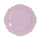 10 - Pack Plastic 8" Round Dessert Plates in Lavender Lilac with Gold Scalloped Rim - Disposable Appetizer/Salad Plates - Bell Racket Store
