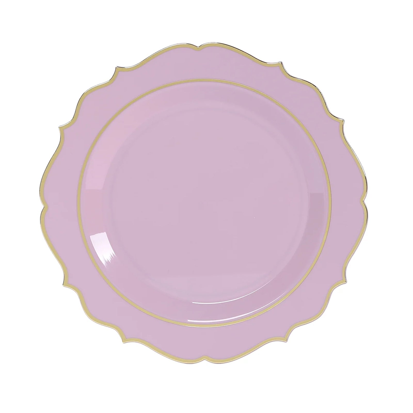 10 - Pack Plastic 8" Round Dessert Plates in Lavender Lilac with Gold Scalloped Rim - Disposable Appetizer/Salad Plates - Bell Racket Store