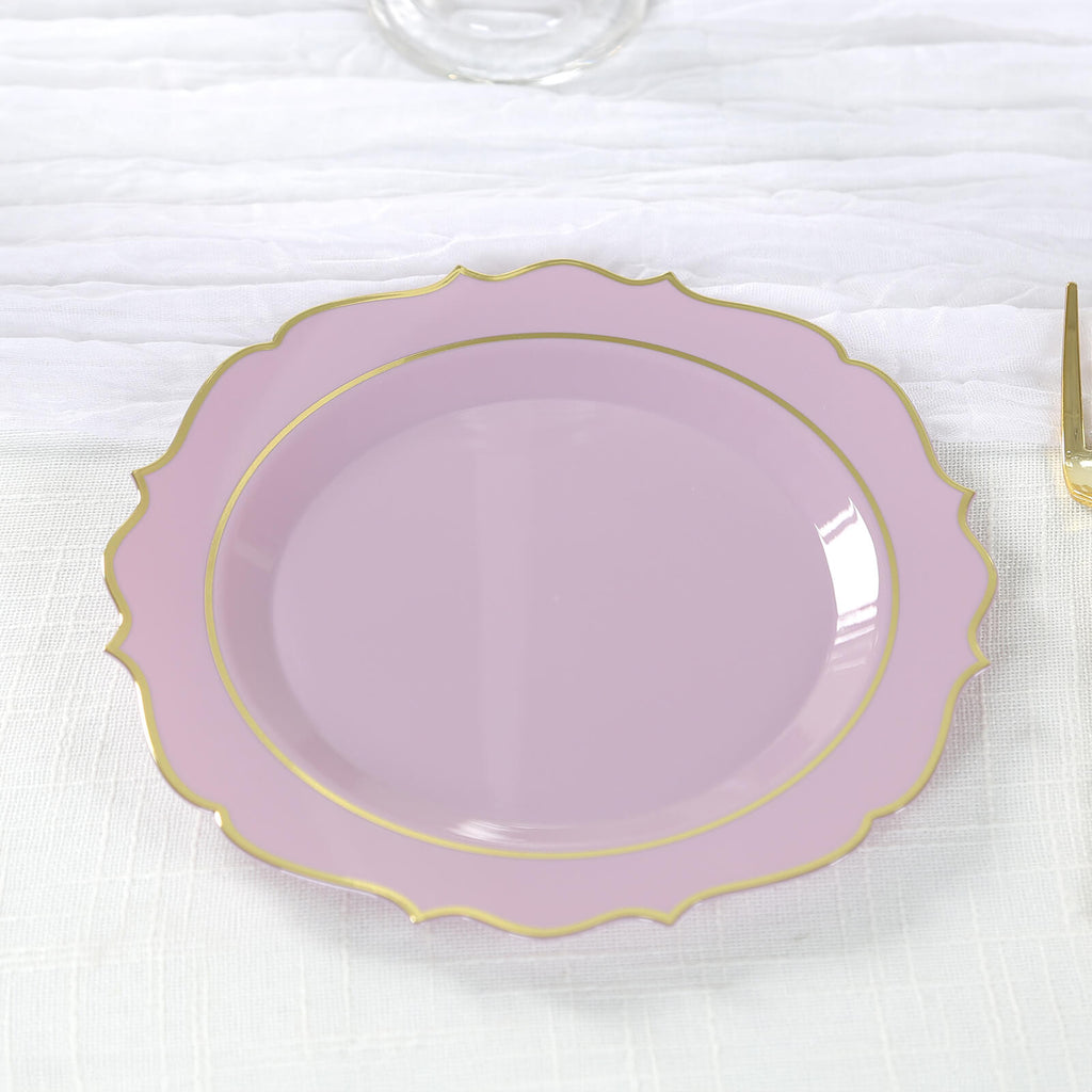 10 - Pack Plastic 8" Round Dessert Plates in Lavender Lilac with Gold Scalloped Rim - Disposable Appetizer/Salad Plates - Bell Racket Store
