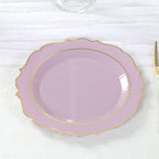 10 - Pack Plastic 8" Round Dessert Plates in Lavender Lilac with Gold Scalloped Rim - Disposable Appetizer/Salad Plates - Bell Racket Store