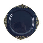 10 - Pack Plastic 8" Round Dessert Plates in Navy Blue with Gold Leaf Embossed Rim - Disposable Vintage Baroque Style Salad Plates - Bell Racket Store