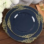 10 - Pack Plastic 8" Round Dessert Plates in Navy Blue with Gold Leaf Embossed Rim - Disposable Vintage Baroque Style Salad Plates - Bell Racket Store