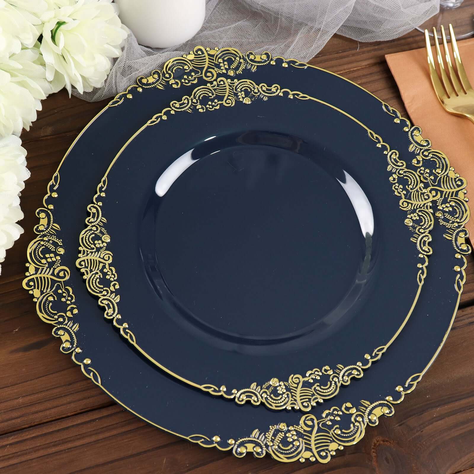 10 - Pack Plastic 8" Round Dessert Plates in Navy Blue with Gold Leaf Embossed Rim - Disposable Vintage Baroque Style Salad Plates - Bell Racket Store