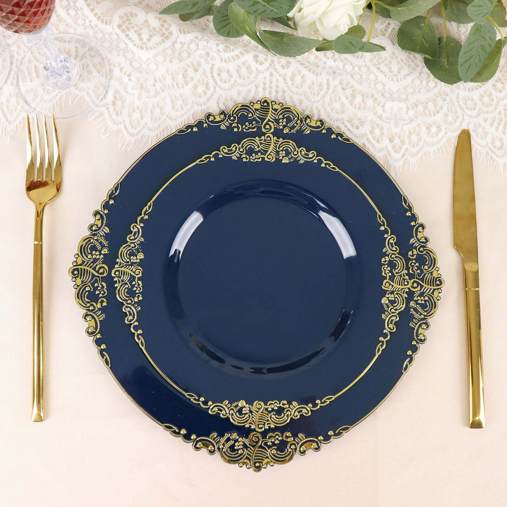 10 - Pack Plastic 8" Round Dessert Plates in Navy Blue with Gold Leaf Embossed Rim - Disposable Vintage Baroque Style Salad Plates - Bell Racket Store
