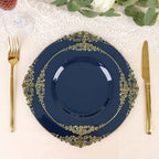 10 - Pack Plastic 8" Round Dessert Plates in Navy Blue with Gold Leaf Embossed Rim - Disposable Vintage Baroque Style Salad Plates - Bell Racket Store