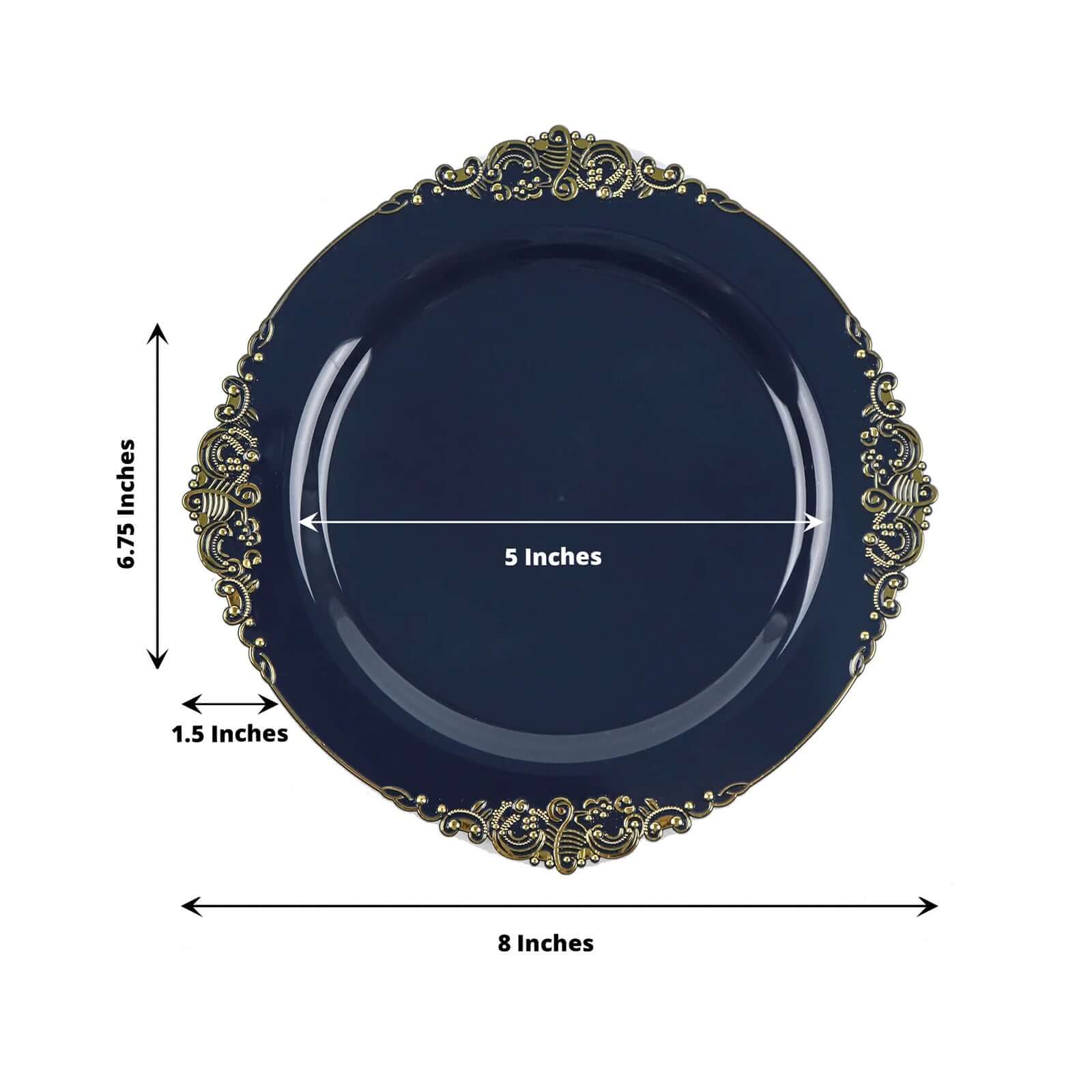 10 - Pack Plastic 8" Round Dessert Plates in Navy Blue with Gold Leaf Embossed Rim - Disposable Vintage Baroque Style Salad Plates - Bell Racket Store
