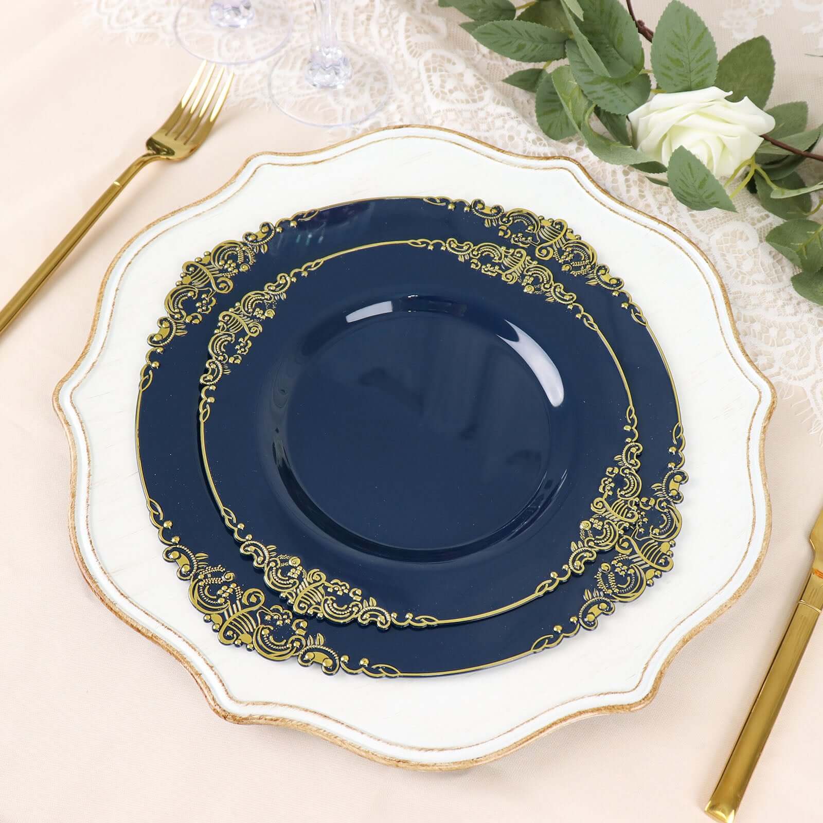 10 - Pack Plastic 8" Round Dessert Plates in Navy Blue with Gold Leaf Embossed Rim - Disposable Vintage Baroque Style Salad Plates - Bell Racket Store