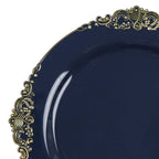 10 - Pack Plastic 8" Round Dessert Plates in Navy Blue with Gold Leaf Embossed Rim - Disposable Vintage Baroque Style Salad Plates - Bell Racket Store