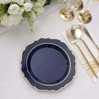 10 - Pack Plastic 8" Round Dessert Plates in Navy Blue with Gold Scalloped Rim - Disposable Appetizer/Salad Plates - Bell Racket Store