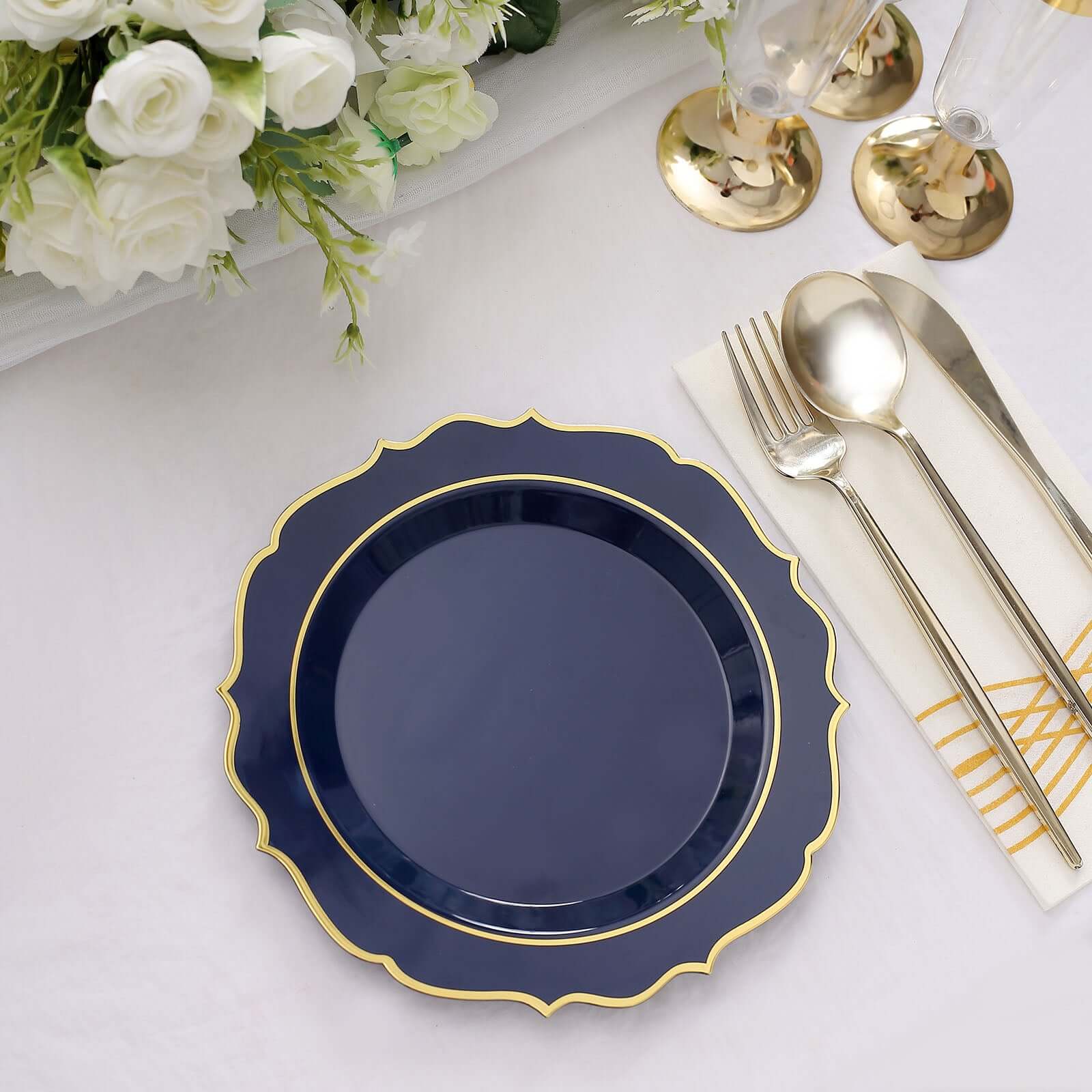 10 - Pack Plastic 8" Round Dessert Plates in Navy Blue with Gold Scalloped Rim - Disposable Appetizer/Salad Plates - Bell Racket Store