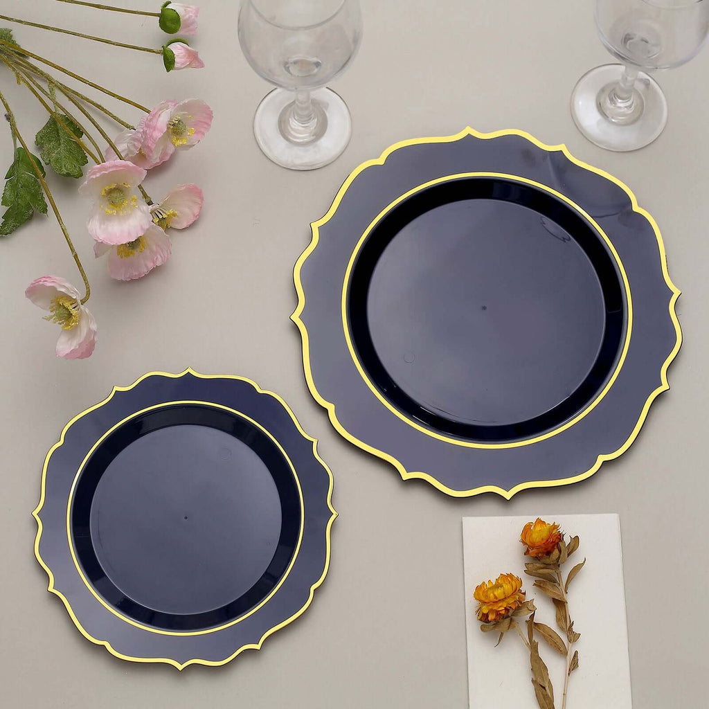 10 - Pack Plastic 8" Round Dessert Plates in Navy Blue with Gold Scalloped Rim - Disposable Appetizer/Salad Plates - Bell Racket Store