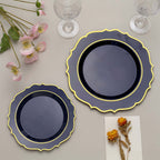 10 - Pack Plastic 8" Round Dessert Plates in Navy Blue with Gold Scalloped Rim - Disposable Appetizer/Salad Plates - Bell Racket Store