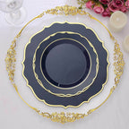 10 - Pack Plastic 8" Round Dessert Plates in Navy Blue with Gold Scalloped Rim - Disposable Appetizer/Salad Plates - Bell Racket Store