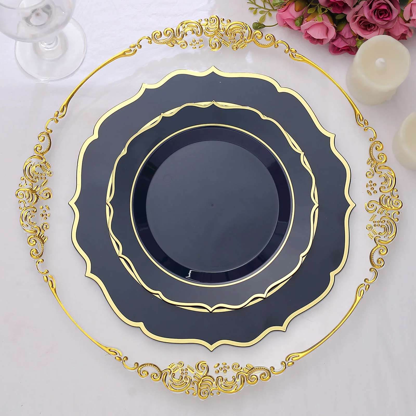 10 - Pack Plastic 8" Round Dessert Plates in Navy Blue with Gold Scalloped Rim - Disposable Appetizer/Salad Plates - Bell Racket Store