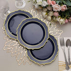 10 - Pack Plastic 8" Round Dessert Plates in Navy Blue with Gold Scalloped Rim - Disposable Appetizer/Salad Plates - Bell Racket Store
