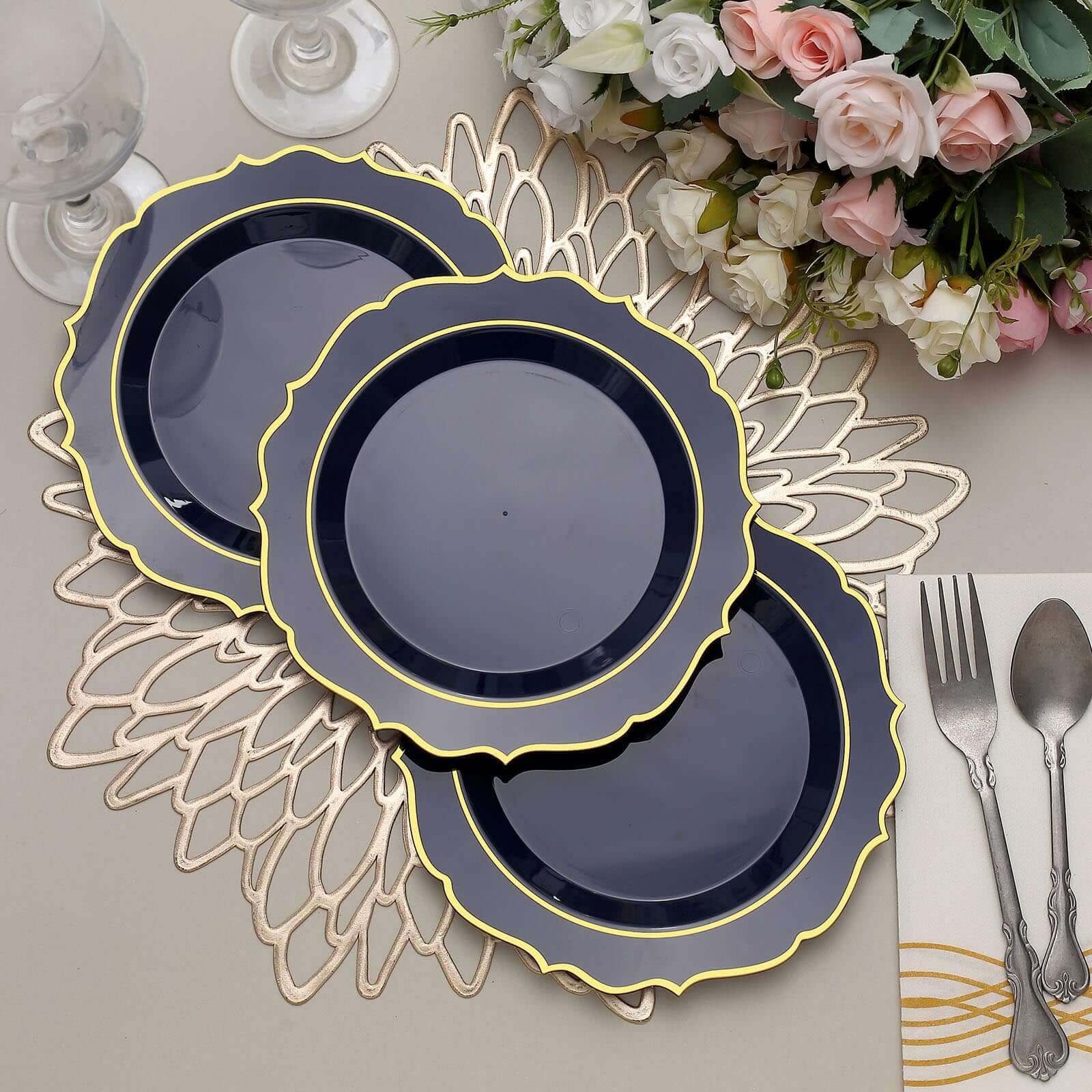 10 - Pack Plastic 8" Round Dessert Plates in Navy Blue with Gold Scalloped Rim - Disposable Appetizer/Salad Plates - Bell Racket Store