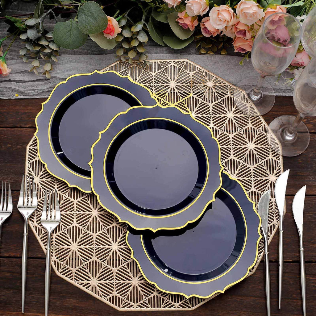 10 - Pack Plastic 8" Round Dessert Plates in Navy Blue with Gold Scalloped Rim - Disposable Appetizer/Salad Plates - Bell Racket Store